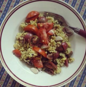 Barley with Cosmonaut Volkov, Black Cherries and pickled garlic. :3 The tomato harvest is exceeding all expectations ...